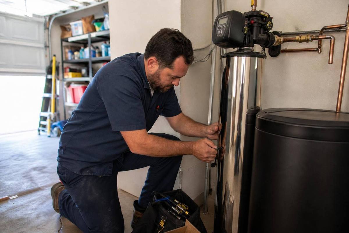 Efficient Water Heaters technician installing a whole-home water softener next to a Navien tankless water heater in a San Jose, California garage
